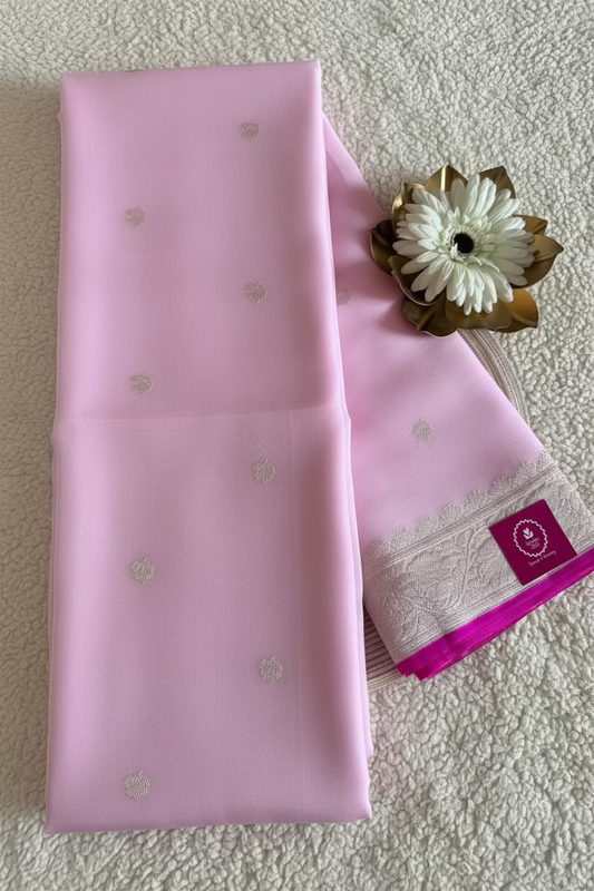 Baby Pink Pure Khaddi Chiffon Banarasi Silk- Banaras