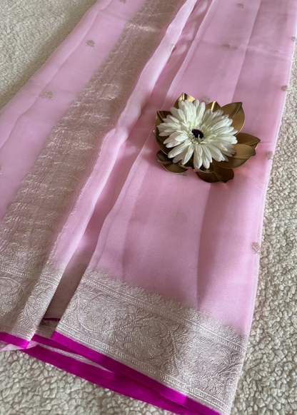 Baby Pink Pure Khaddi Chiffon Banarasi Silk- Banaras