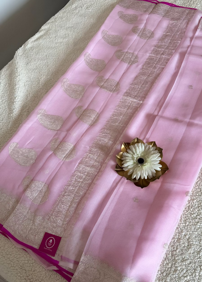 Baby Pink Pure Khaddi Chiffon Banarasi Silk- Banaras