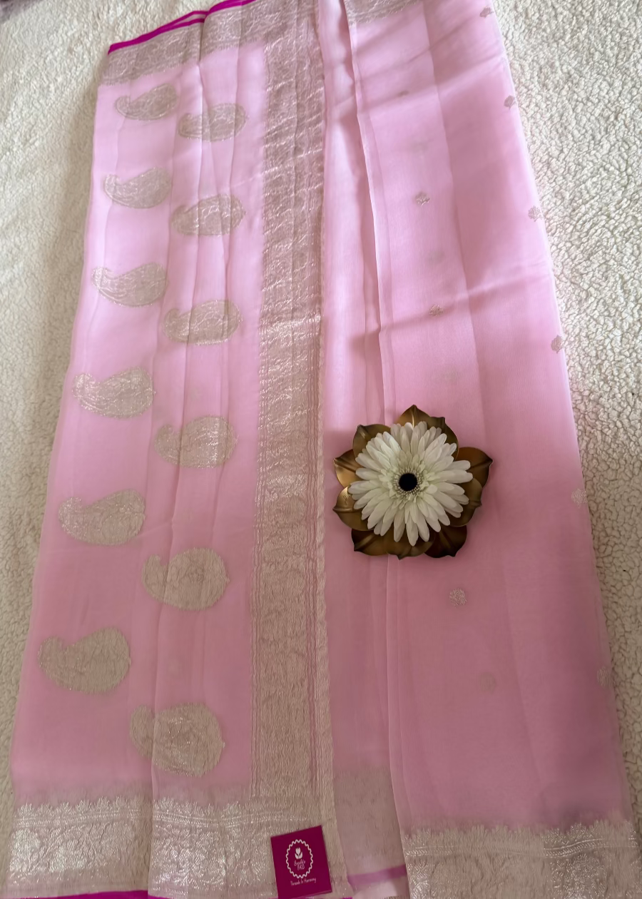 Baby Pink Pure Khaddi Chiffon Banarasi Silk- Banaras