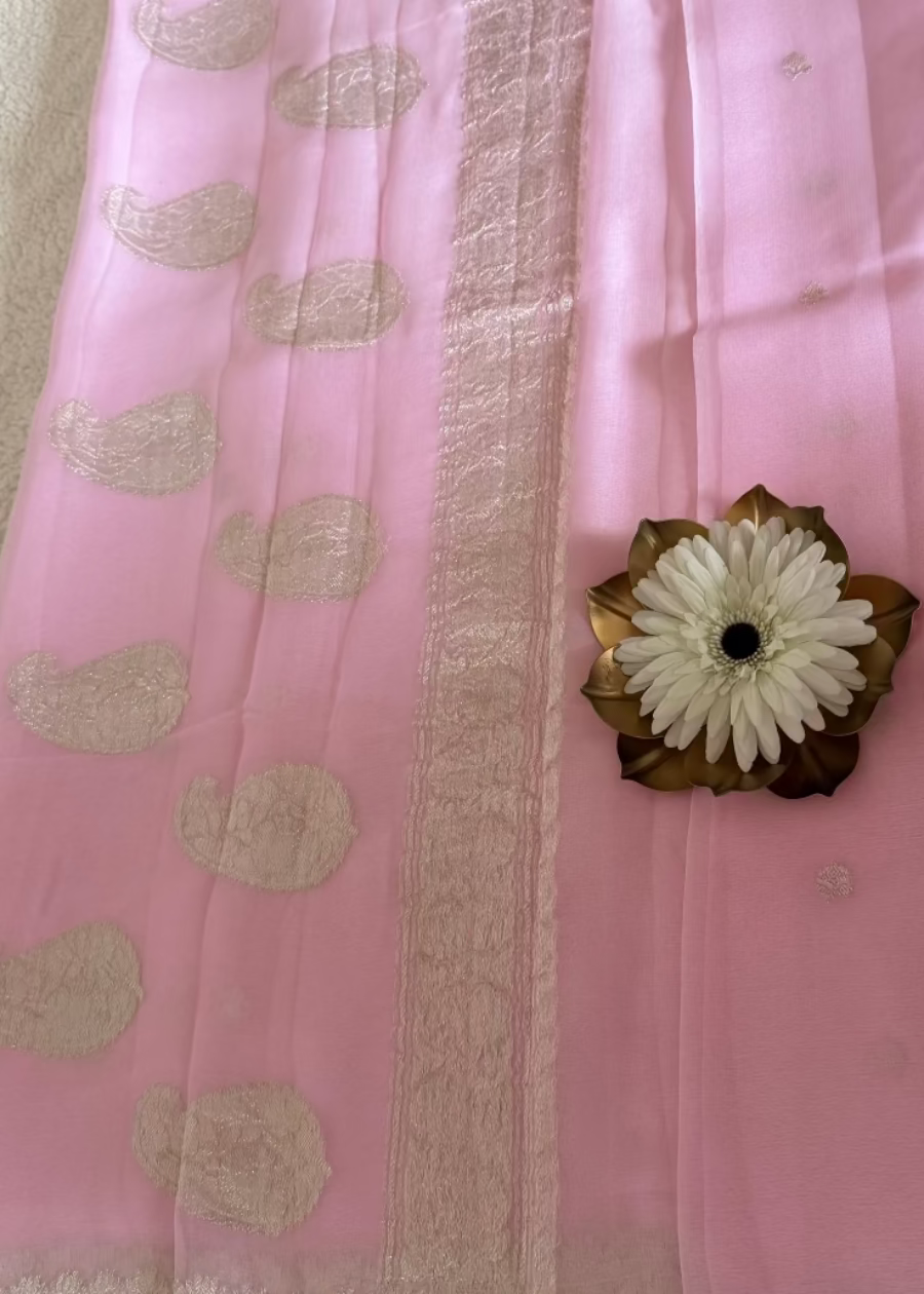Baby Pink Pure Khaddi Chiffon Banarasi Silk- Banaras