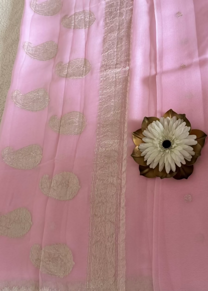 Baby Pink Pure Khaddi Chiffon Banarasi Silk- Banaras