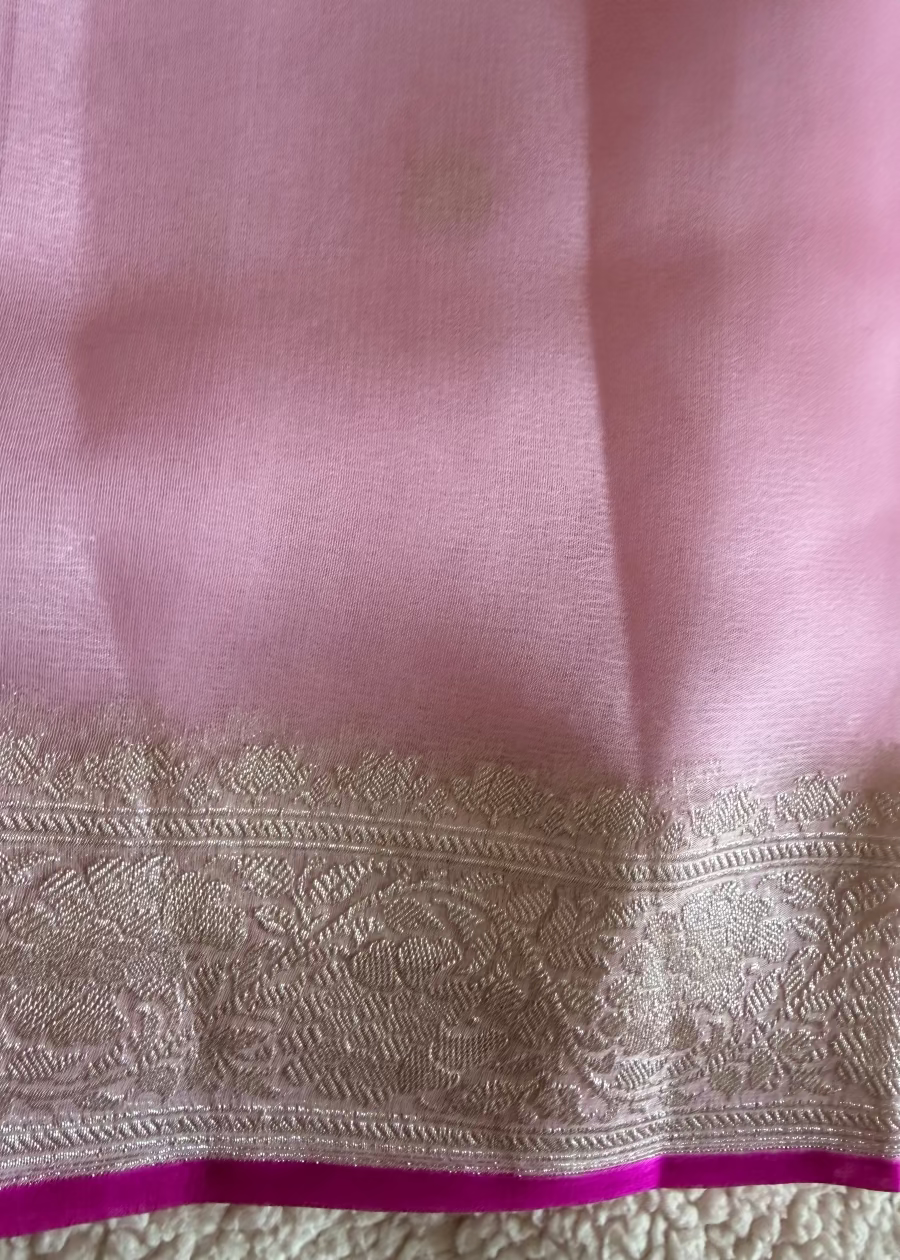 Baby Pink Pure Khaddi Chiffon Banarasi Silk- Banaras