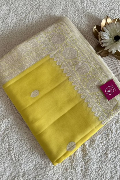 Lemon Curd Yellow Pure Khaddi Chiffon Silk Saree- Banaras