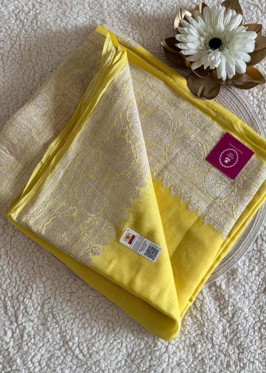 Lemon Curd Yellow Pure Khaddi Chiffon Silk Saree- Banaras