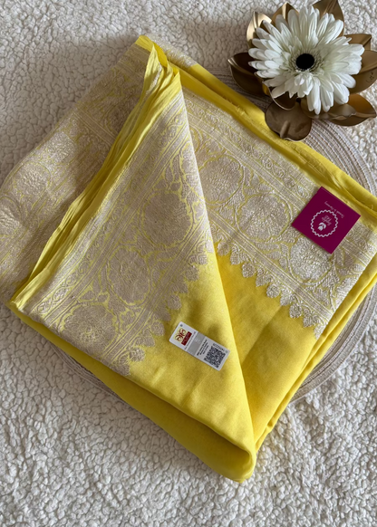 Lemon Curd Yellow Pure Khaddi Chiffon Silk Saree- Banaras