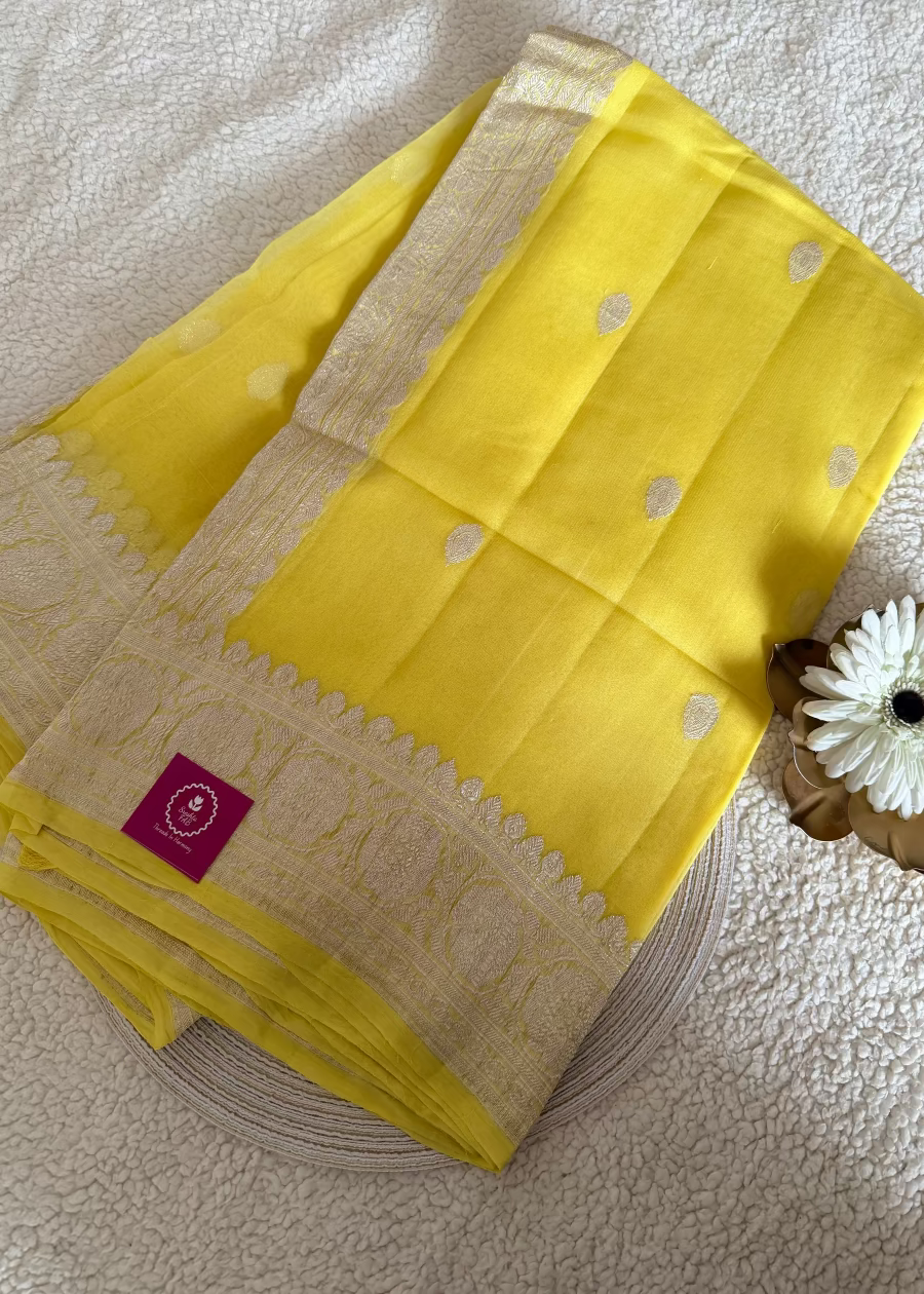 Lemon Curd Yellow Pure Khaddi Chiffon Silk Saree- Banaras
