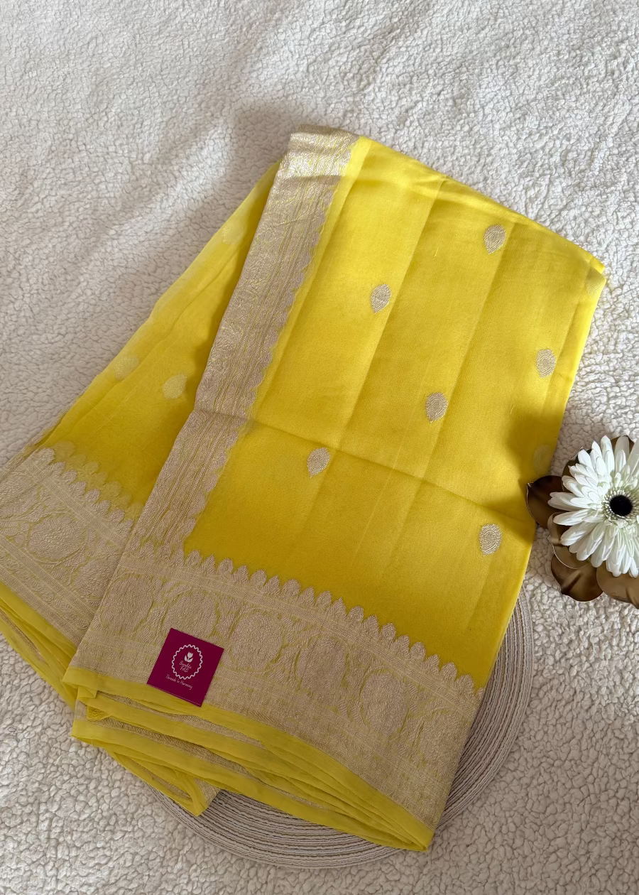 Lemon Curd Yellow Pure Khaddi Chiffon Silk Saree- Banaras