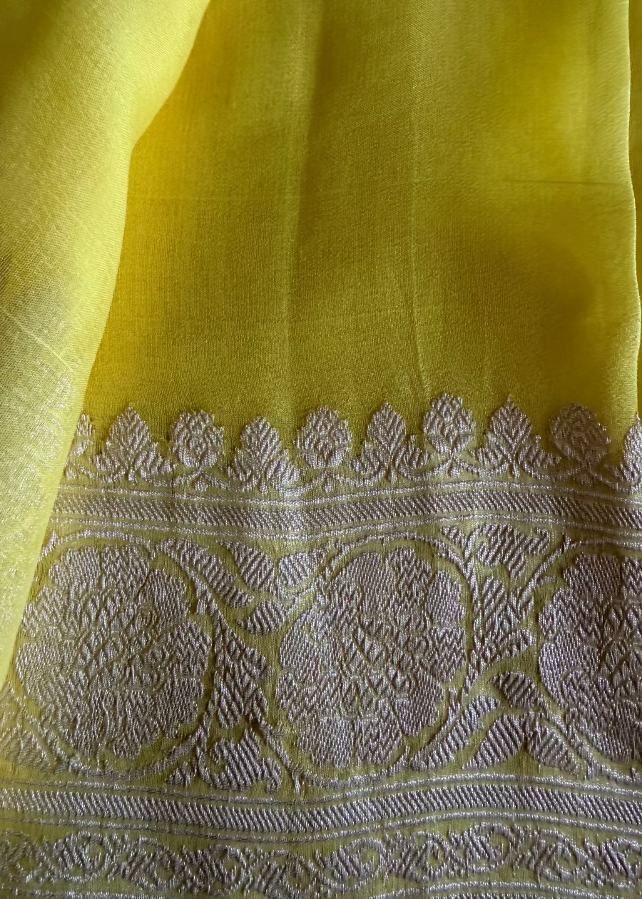Lemon Curd Yellow Pure Khaddi Chiffon Silk Saree- Banaras
