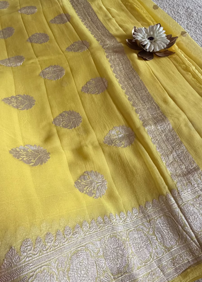 Lemon Curd Yellow Pure Khaddi Chiffon Silk Saree- Banaras