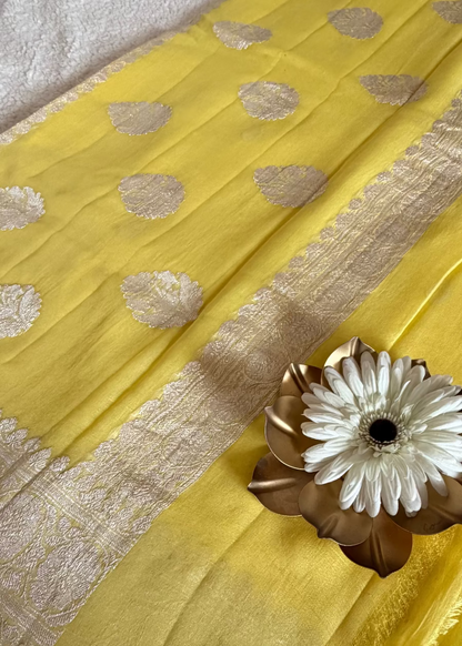 Lemon Curd Yellow Pure Khaddi Chiffon Silk Saree- Banaras