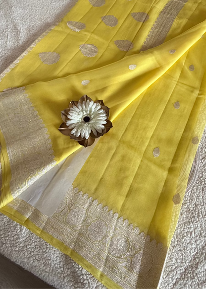 Lemon Curd Yellow Pure Khaddi Chiffon Silk Saree- Banaras