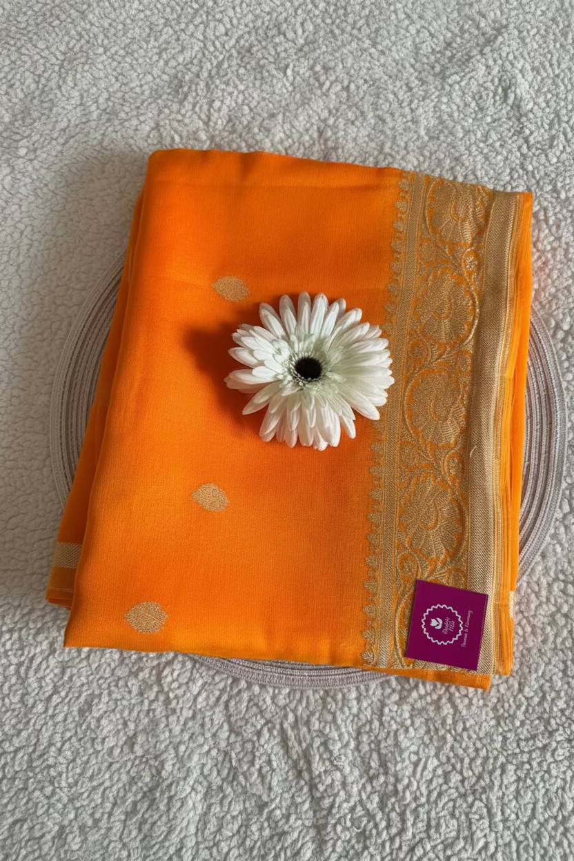 Orange Pure Khaddi Chiffon Silk Saree- Banarasi