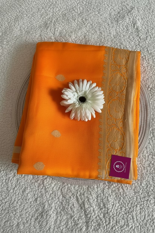 Orange Pure Khaddi Chiffon Silk Saree- Banarasi