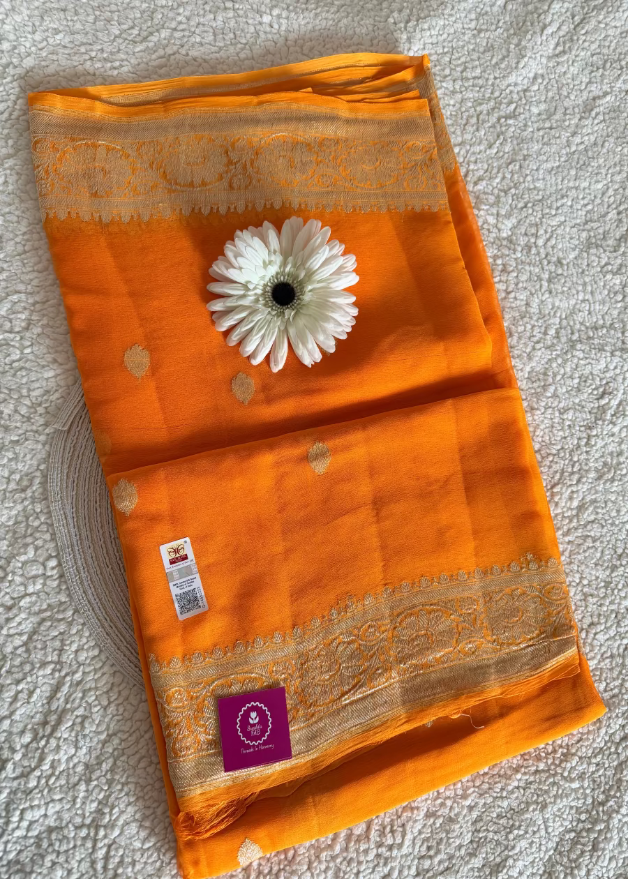Orange Pure Khaddi Chiffon Silk Saree- Banarasi