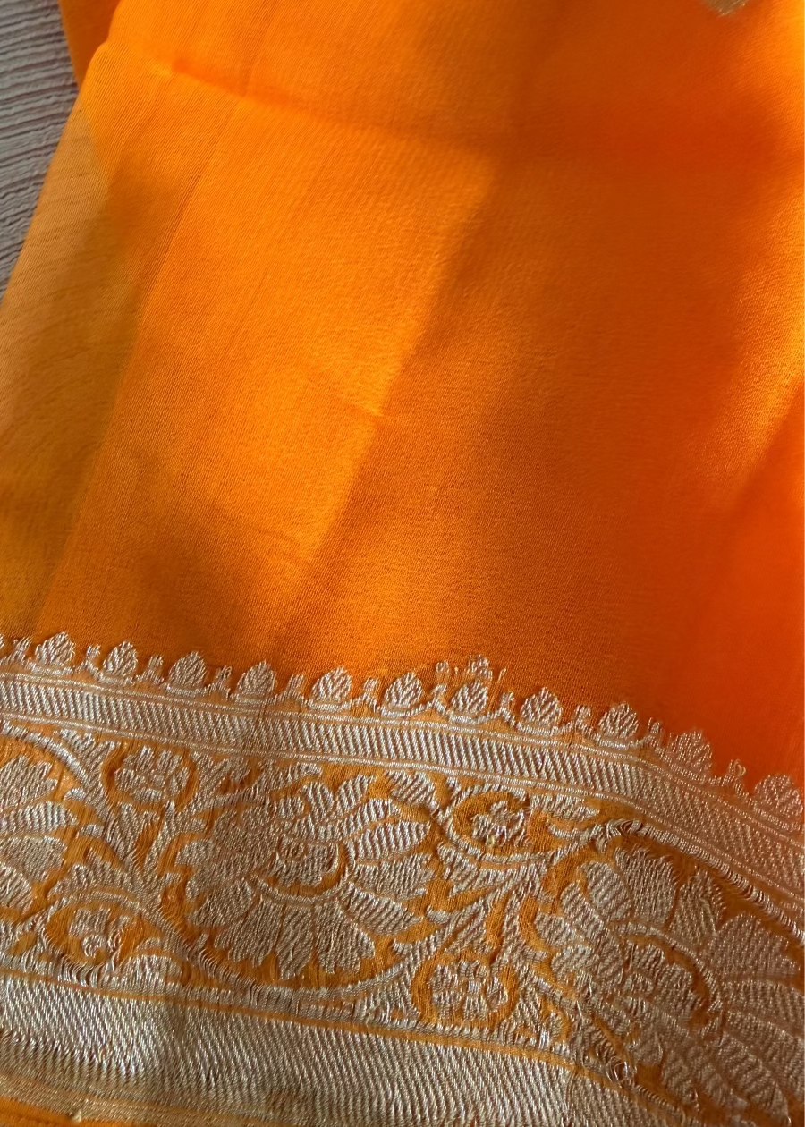 Orange Pure Khaddi Chiffon Silk Saree- Banarasi