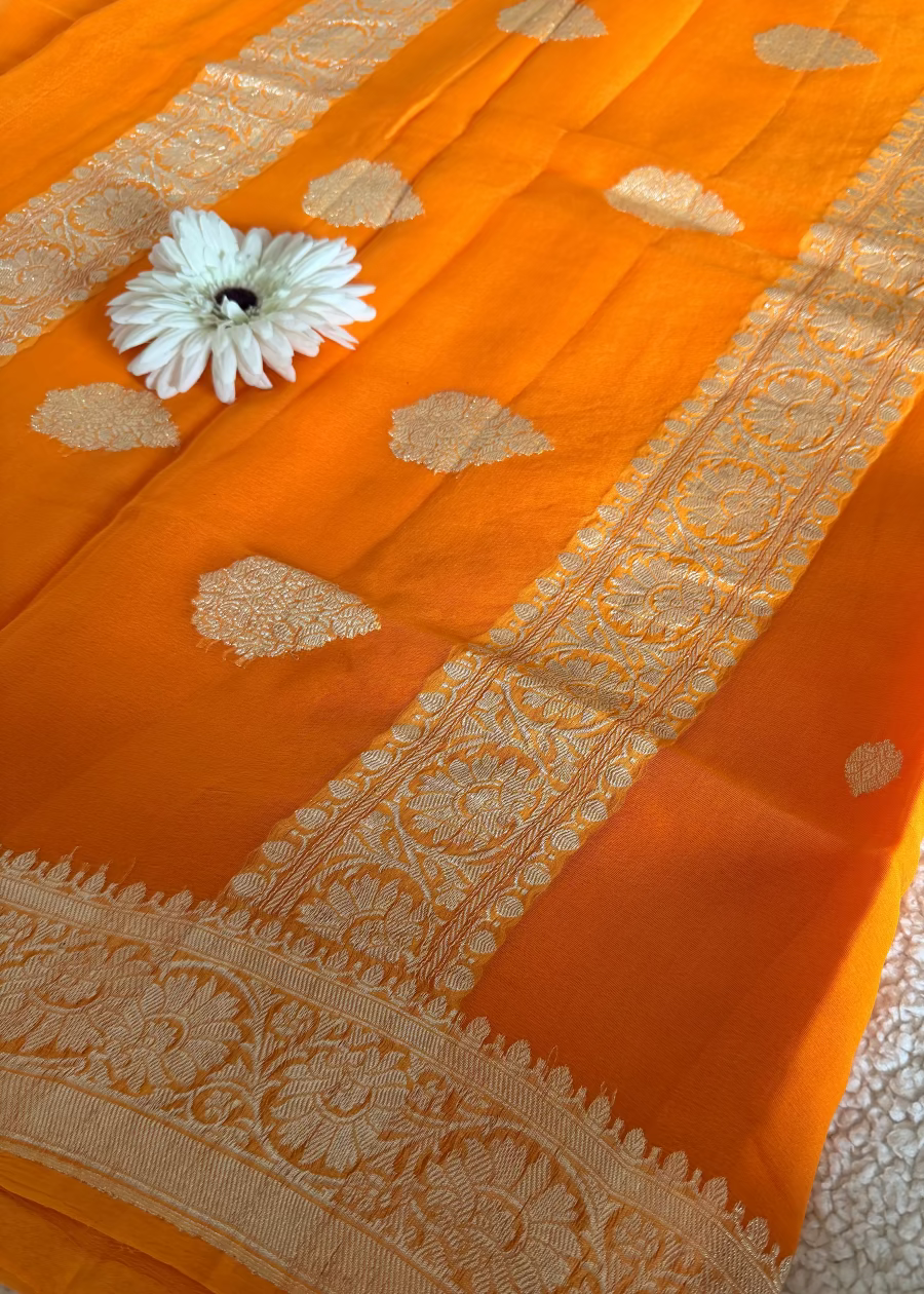 Orange Pure Khaddi Chiffon Silk Saree- Banarasi