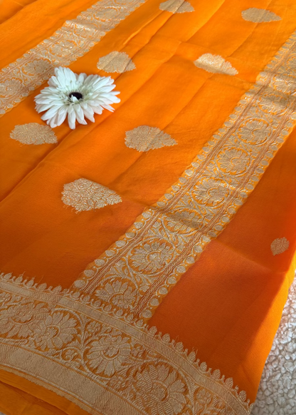 Orange Pure Khaddi Chiffon Silk Saree- Banarasi