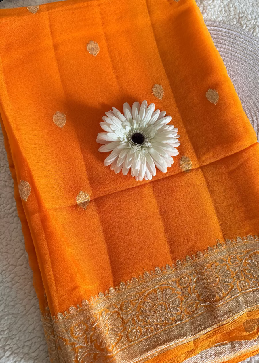 Orange Pure Khaddi Chiffon Silk Saree- Banarasi