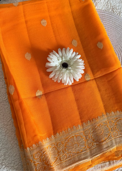 Orange Pure Khaddi Chiffon Silk Saree- Banarasi