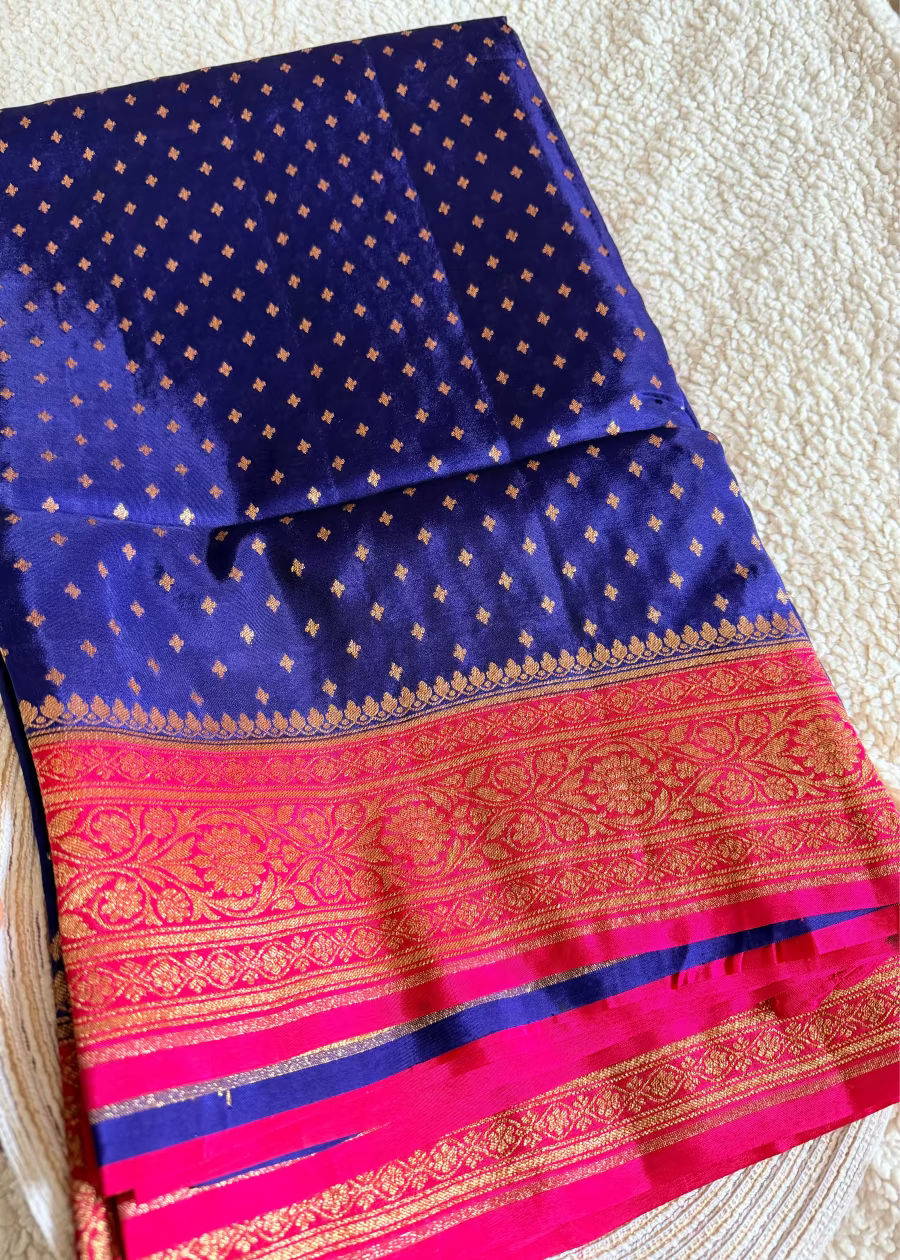 Dark Blue and Rani Pink Crepe Silk Saree- Banaras