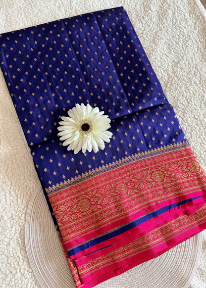 Dark Blue and Rani Pink Crepe Silk Saree- Banaras