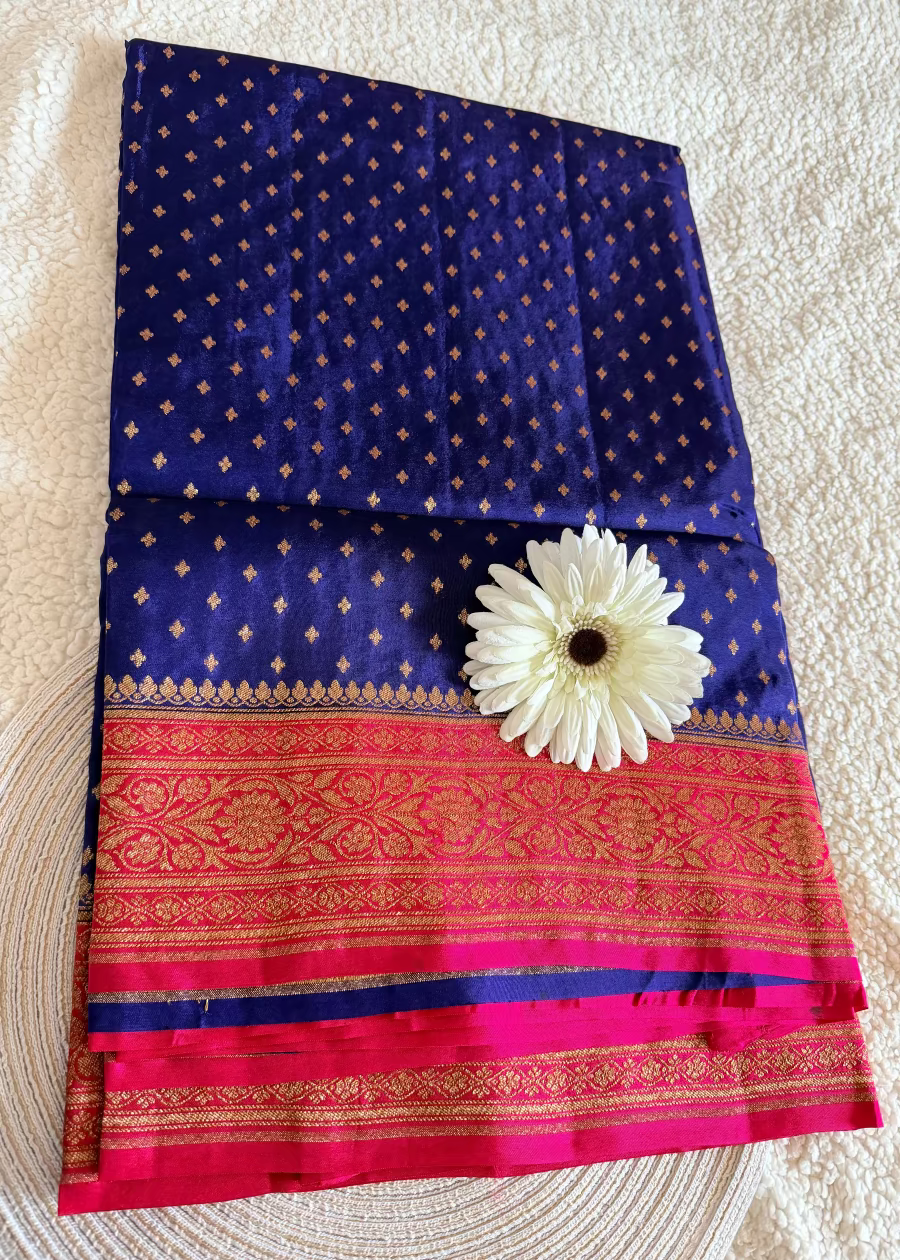 Dark Blue and Rani Pink Crepe Silk Saree- Banaras