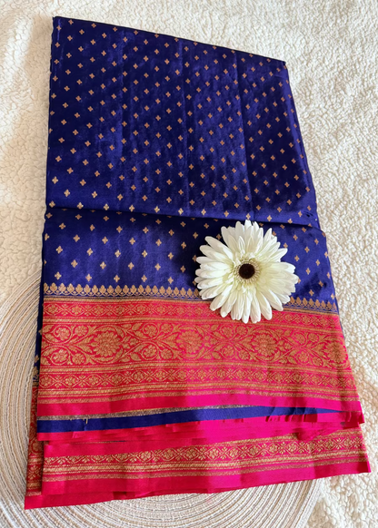 Dark Blue and Rani Pink Crepe Silk Saree- Banaras