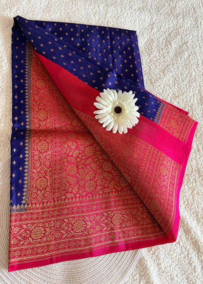 Dark Blue and Rani Pink Crepe Silk Saree- Banaras