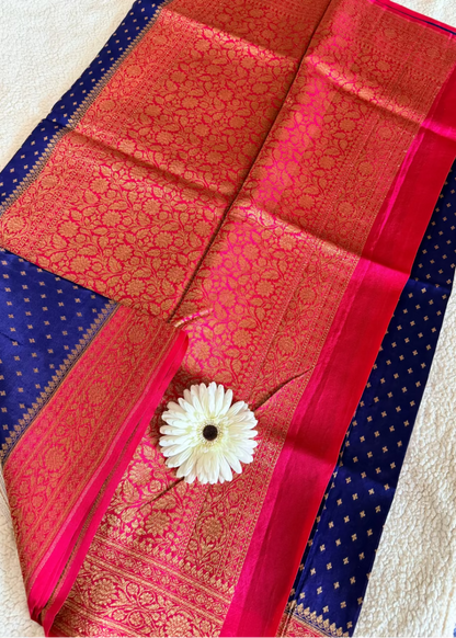 Dark Blue and Rani Pink Crepe Silk Saree- Banaras