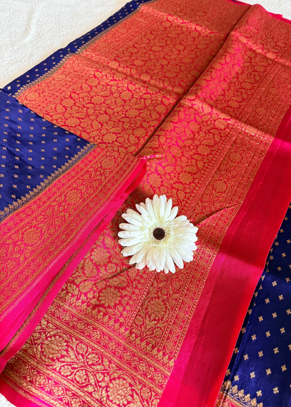 Dark Blue and Rani Pink Crepe Silk Saree- Banaras