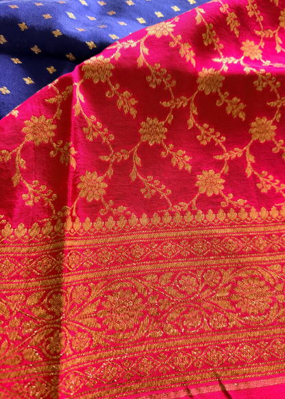 Dark Blue and Rani Pink Crepe Silk Saree- Banaras