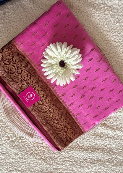 Pink and Dark Brown Crepe Silk Saree- Banaras