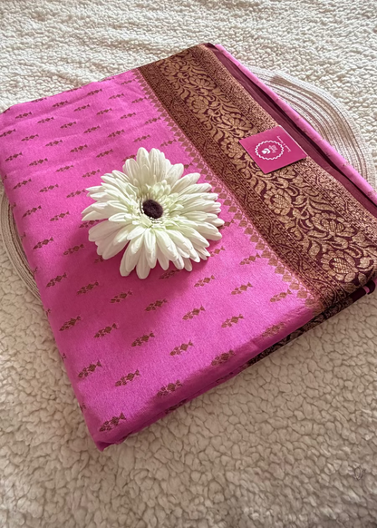 Pink and Dark Brown Crepe Silk Saree- Banaras