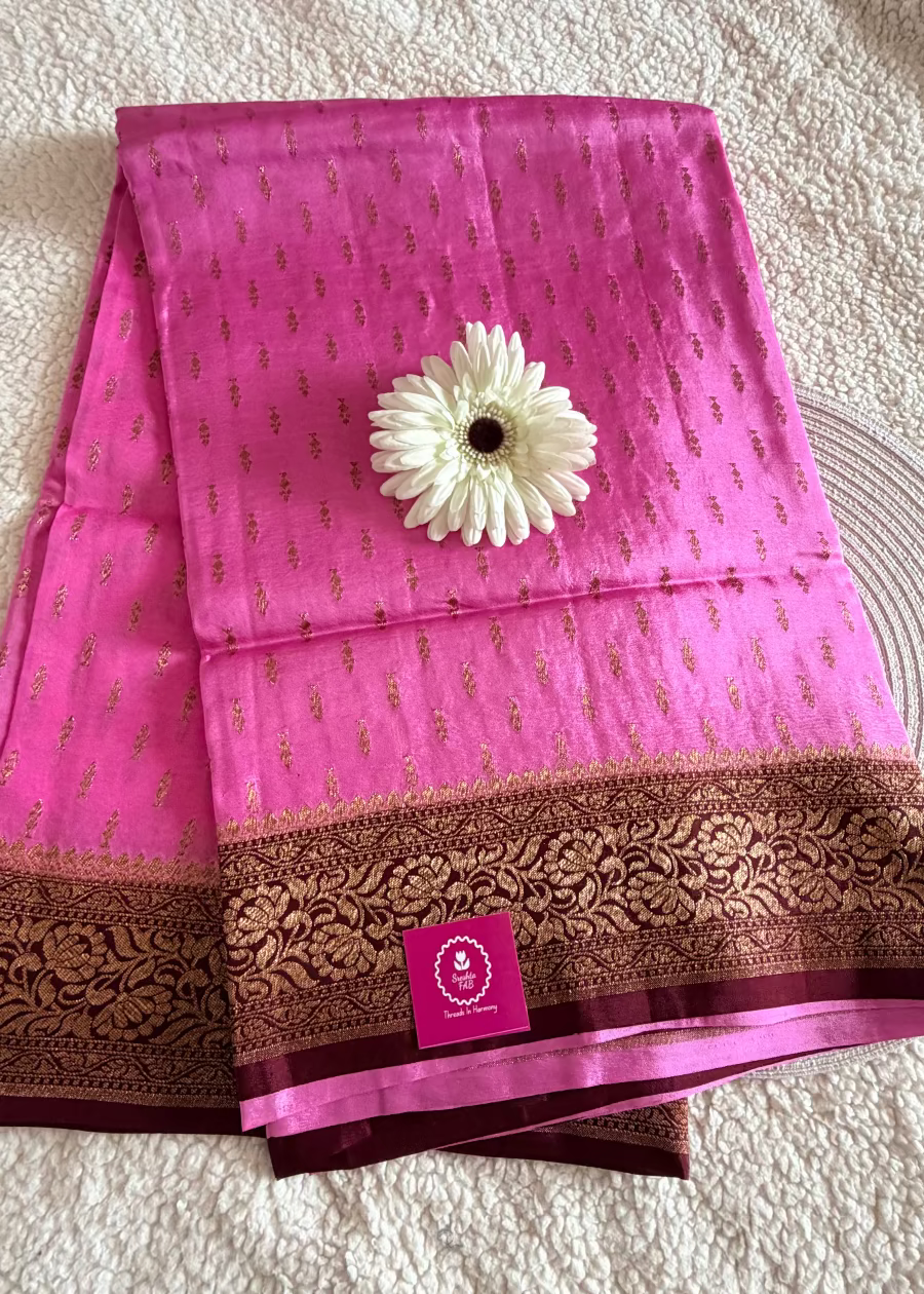 Pink and Dark Brown Crepe Silk Saree- Banaras