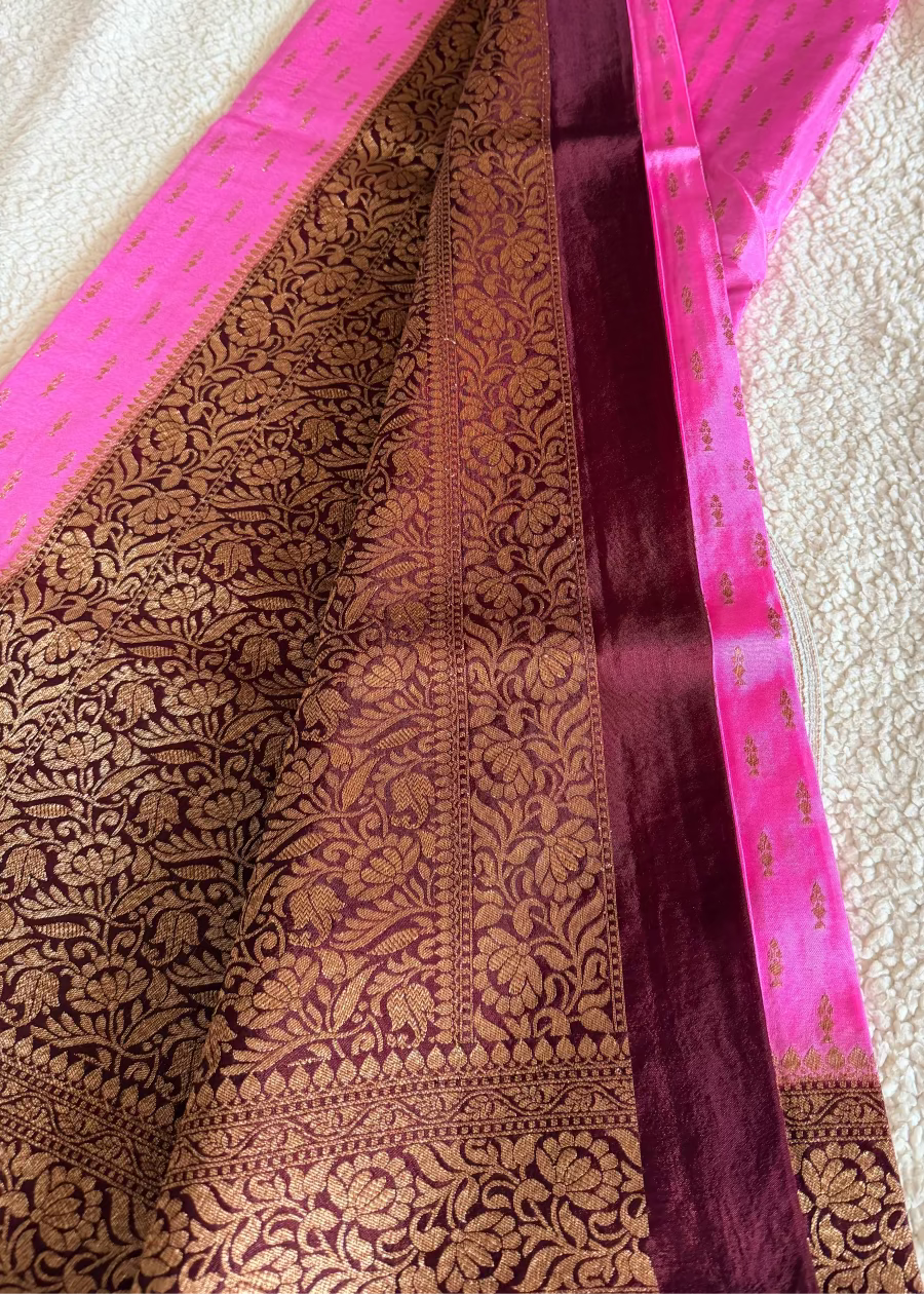Pink and Dark Brown Crepe Silk Saree- Banaras