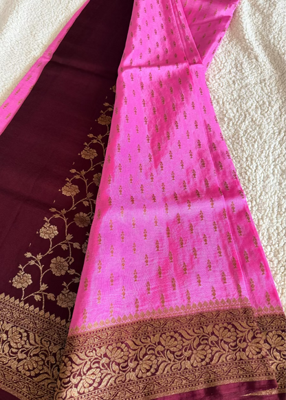 Pink and Dark Brown Crepe Silk Saree- Banaras