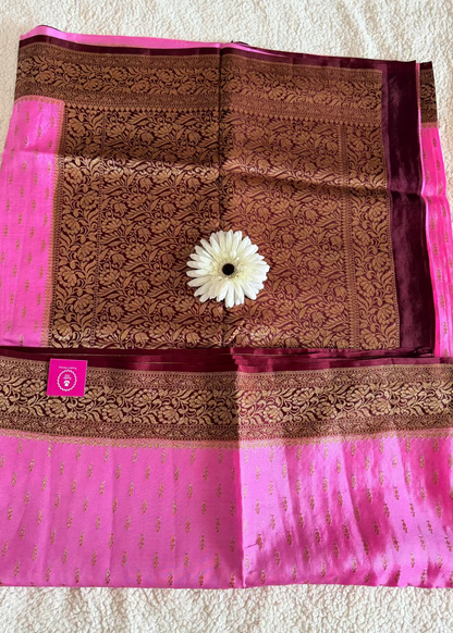 Pink and Dark Brown Crepe Silk Saree- Banaras