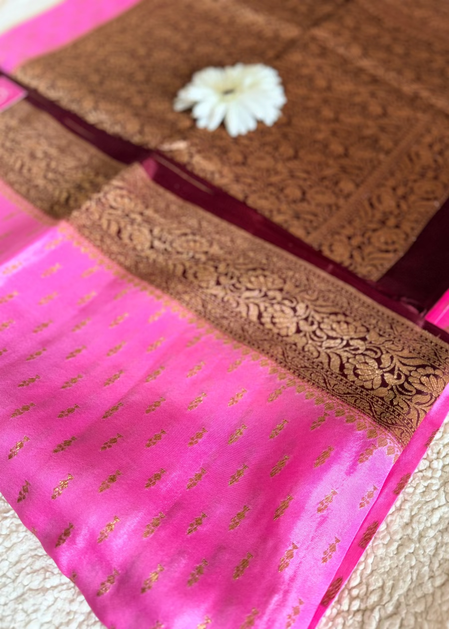 Pink and Dark Brown Crepe Silk Saree- Banaras