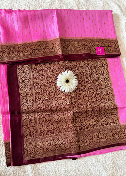 Pink and Dark Brown Crepe Silk Saree- Banaras