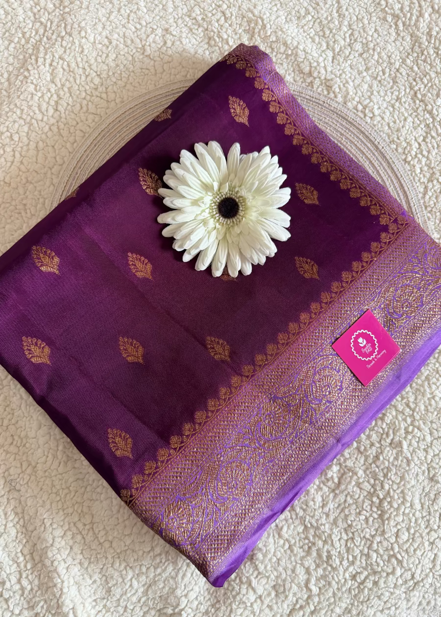 Maroon and Purple Crepe Silk Saree- Banarasi
