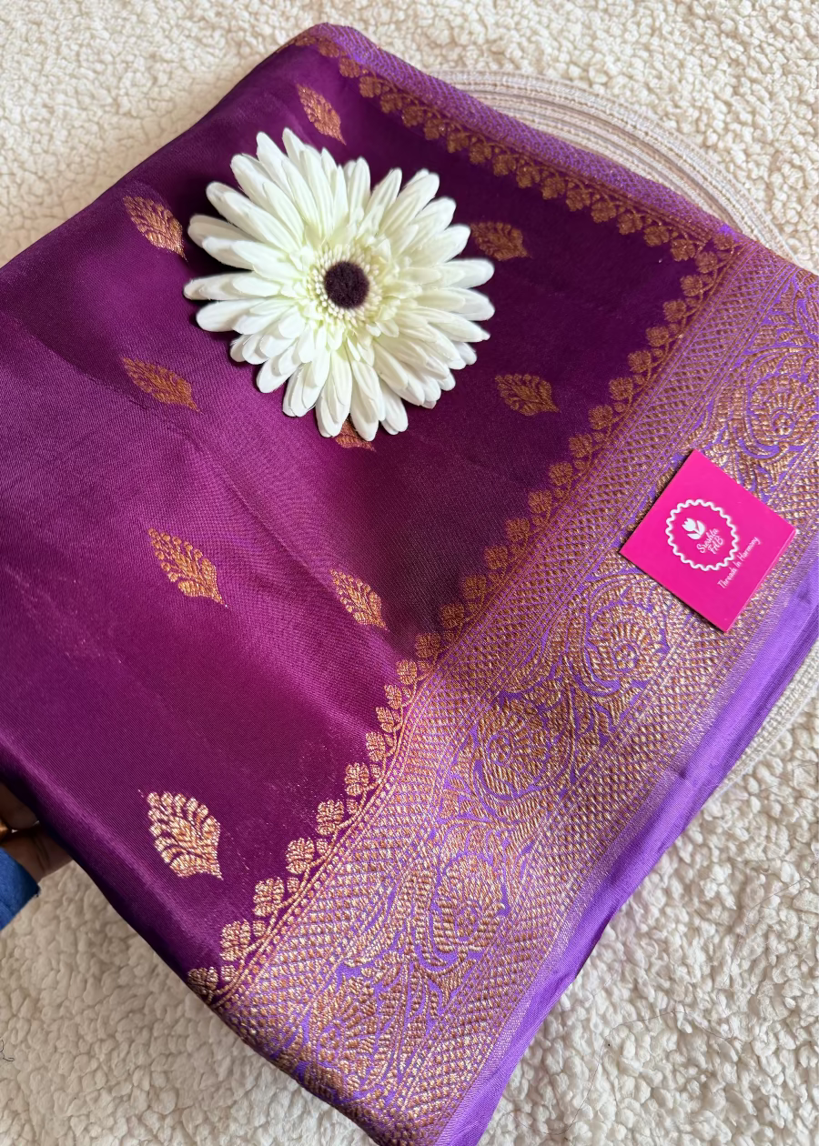 Maroon and Purple Crepe Silk Saree- Banarasi