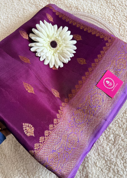 Maroon and Purple Crepe Silk Saree- Banarasi