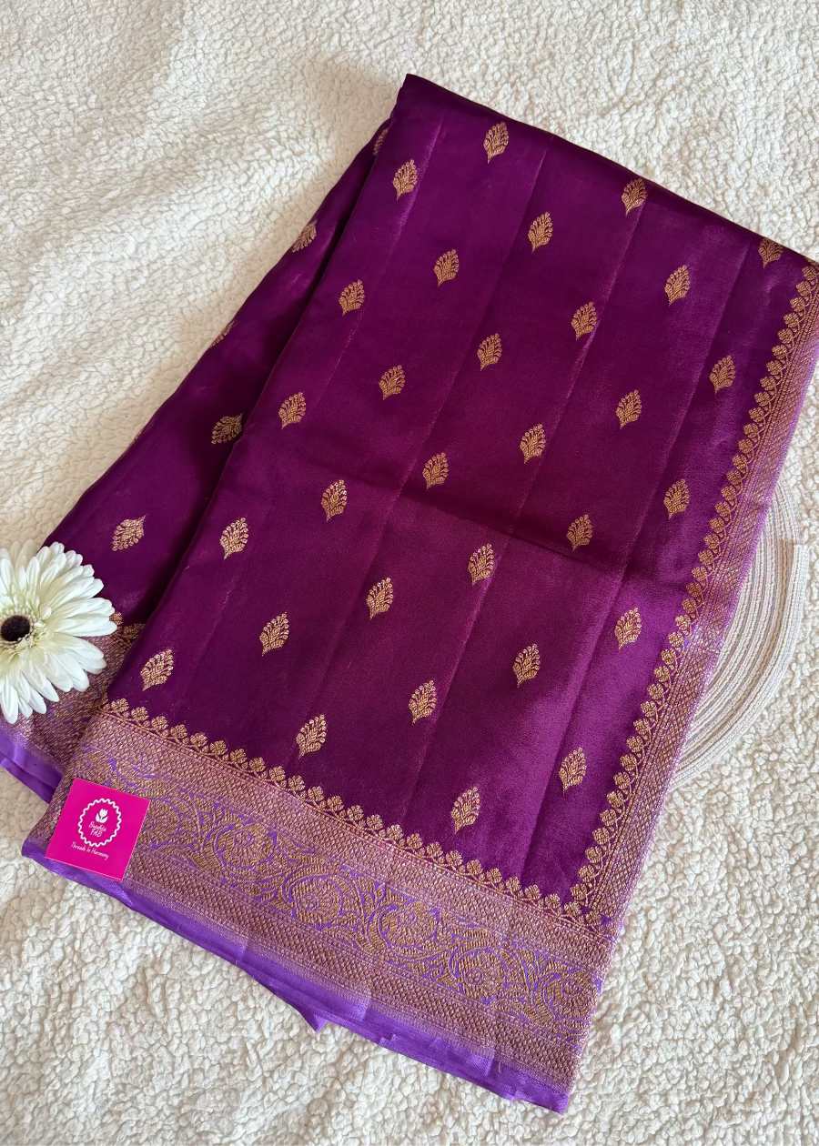 Maroon and Purple Crepe Silk Saree- Banarasi