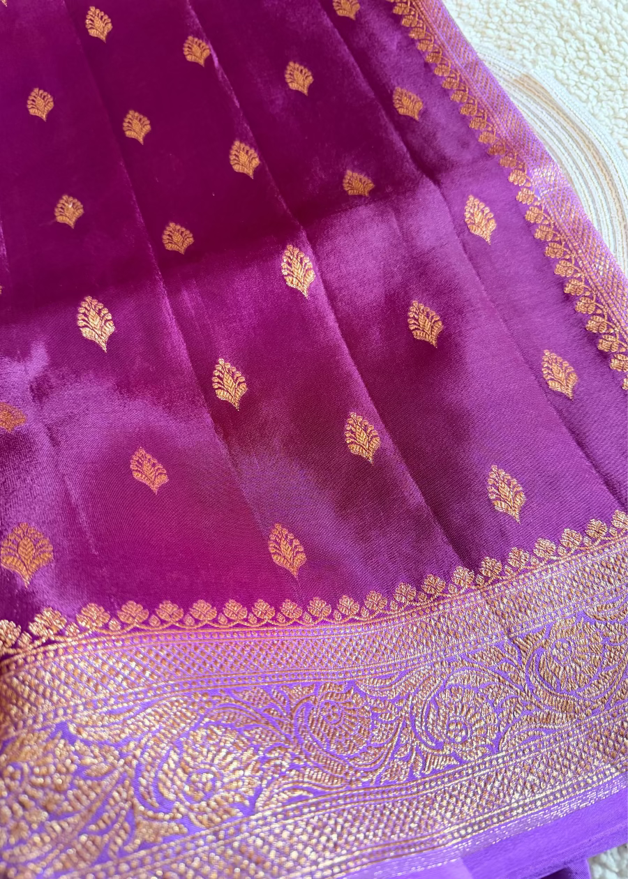 Maroon and Purple Crepe Silk Saree- Banarasi