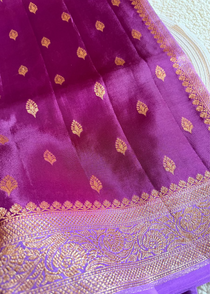 Maroon and Purple Crepe Silk Saree- Banarasi