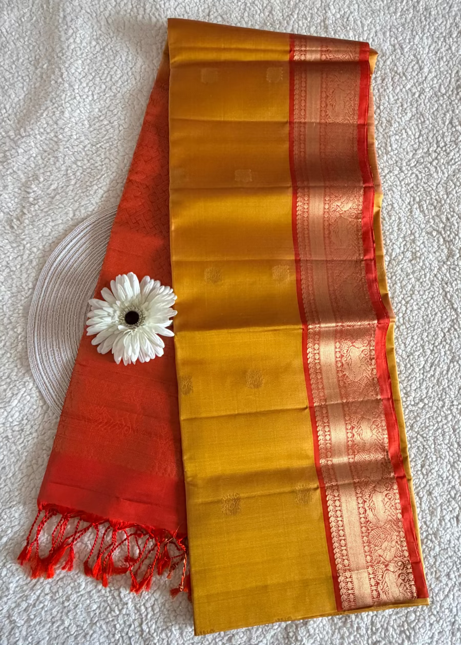 Yellow and Peach Kanchipuram Silk Saree- TN