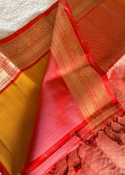 Yellow and Peach Kanchipuram Silk Saree- TN