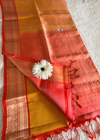 Yellow and Peach Kanchipuram Silk Saree- TN