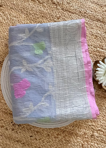 Grey and Pink Banarasi Crushed Cotton Silk Saree - Banaras